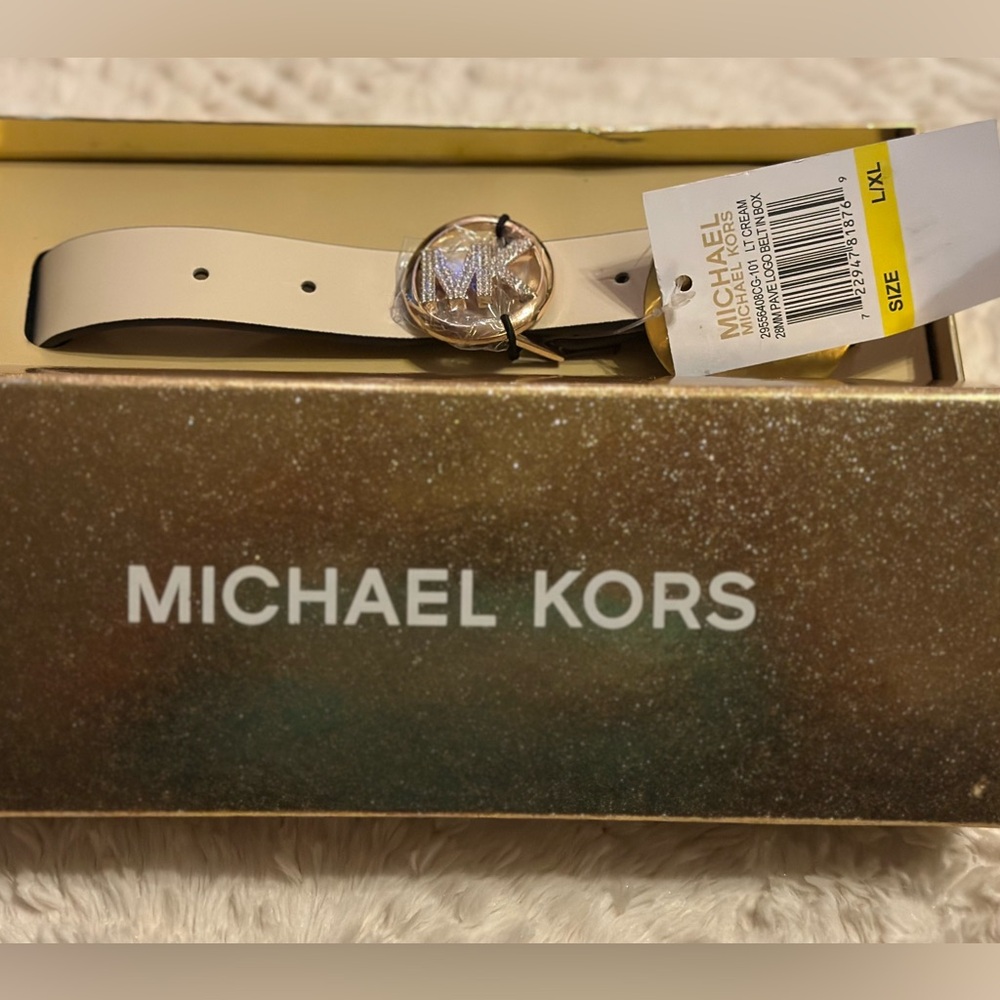 Michael Kors Cream Belt with Gold and studded MK Logo